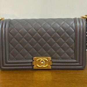 Chanel Boy Bag Medium Gray Caviar Leather Gold Hardware